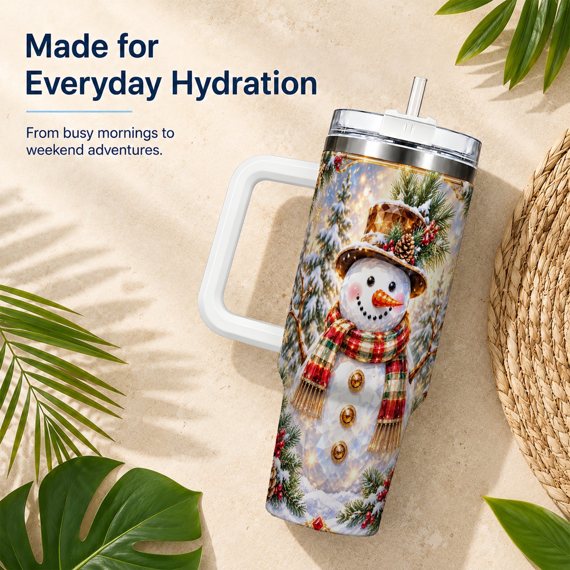 #pl[40oz|White] Jeweled Snowman 40oz Tumbler with Handle, Christmas Travel Cup