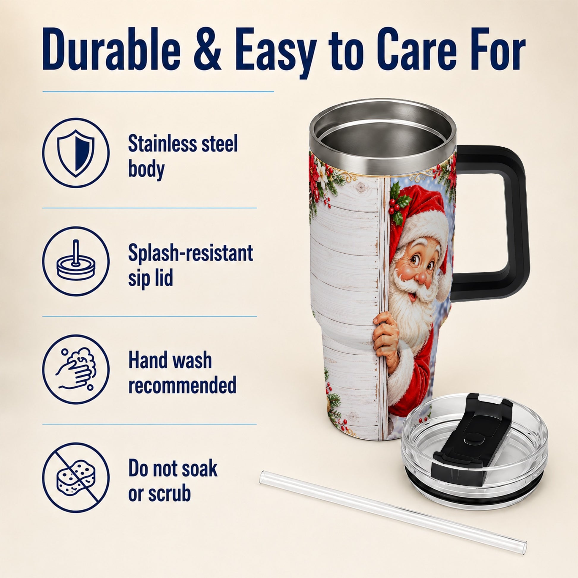 #pl[40oz|Black] Christmas Santa 40oz Tumbler with Handle, Holiday Travel Cup