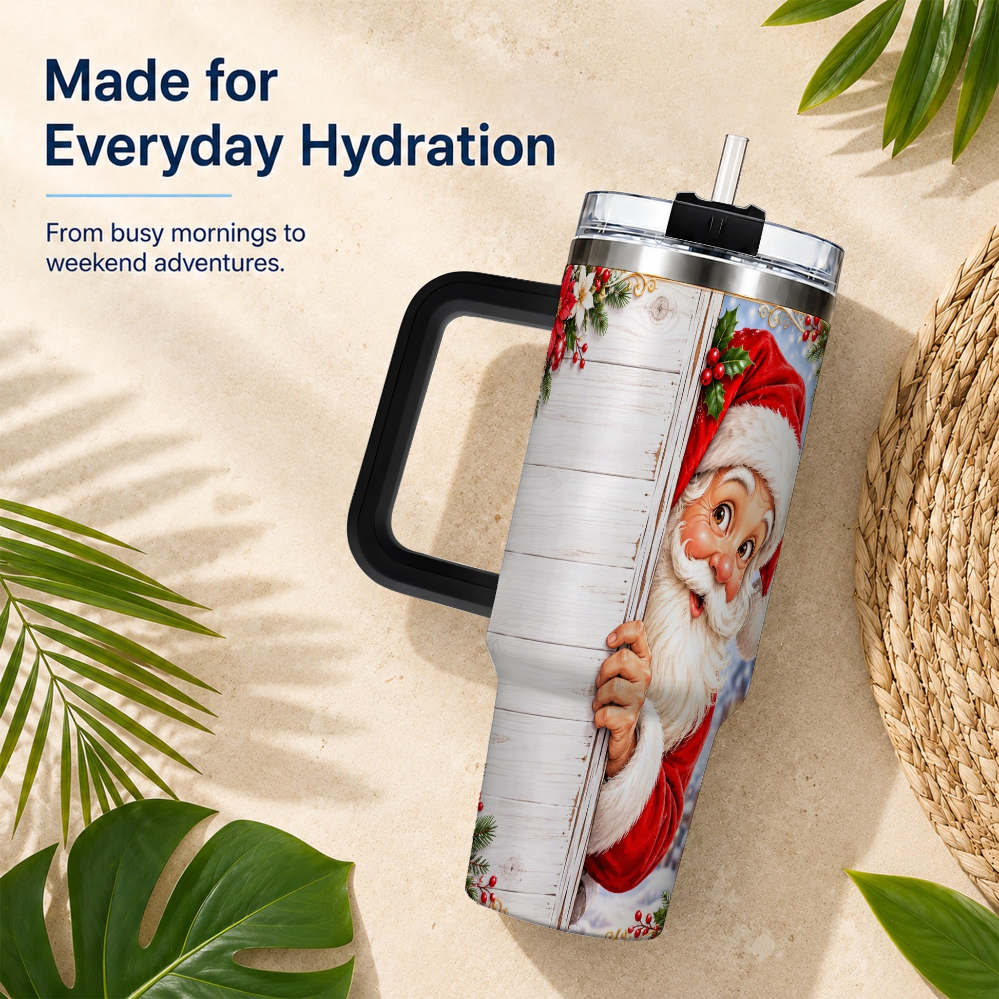 #pl[40oz|Black] Christmas Santa 40oz Tumbler with Handle, Holiday Travel Cup