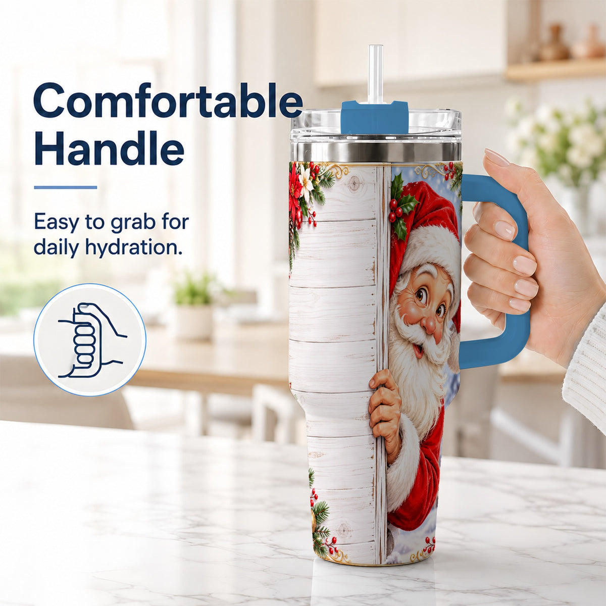 #pl[40oz|Blue] Christmas Santa 40oz Tumbler with Handle, Holiday Travel Cup