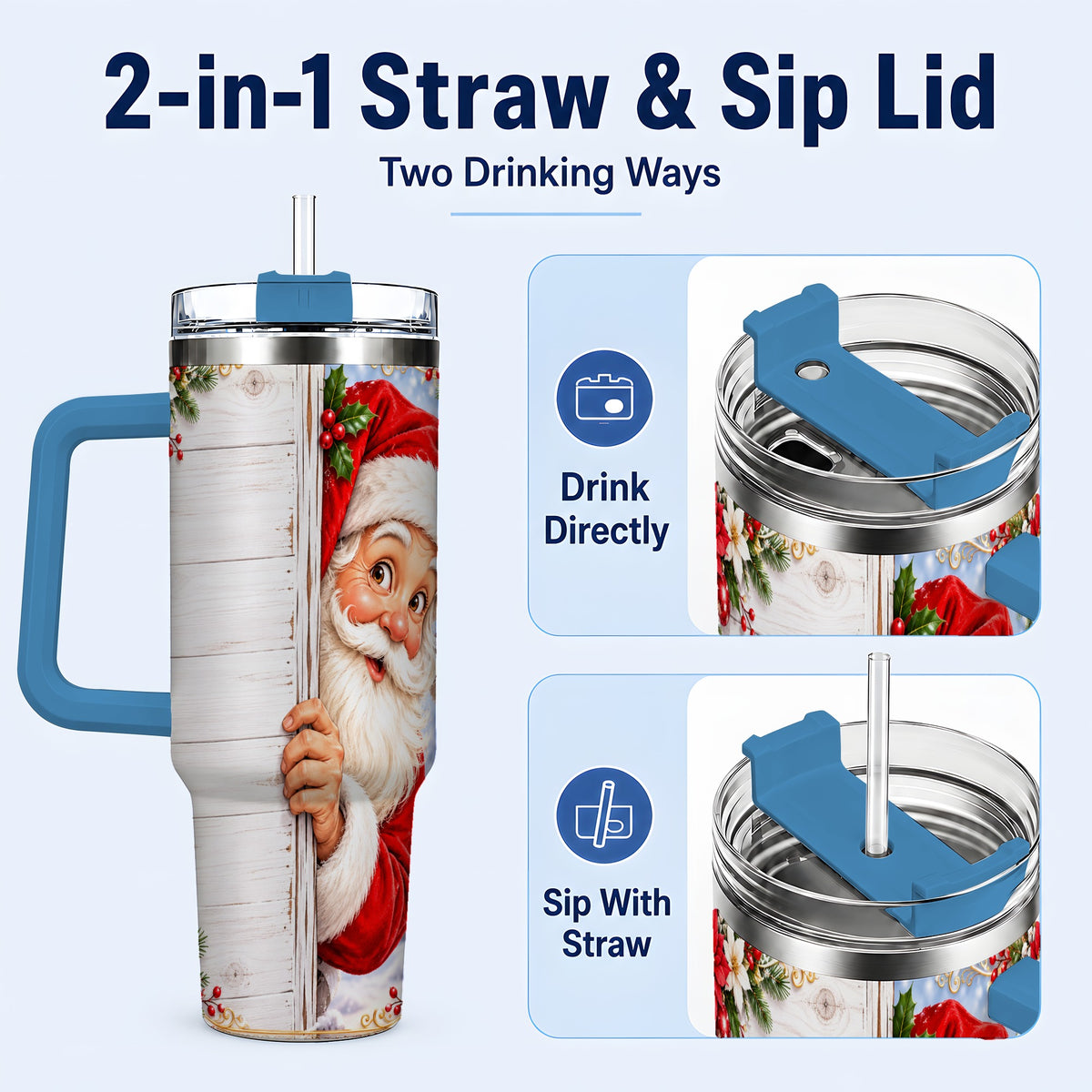 #pl[40oz|Blue] Christmas Santa 40oz Tumbler with Handle, Holiday Travel Cup