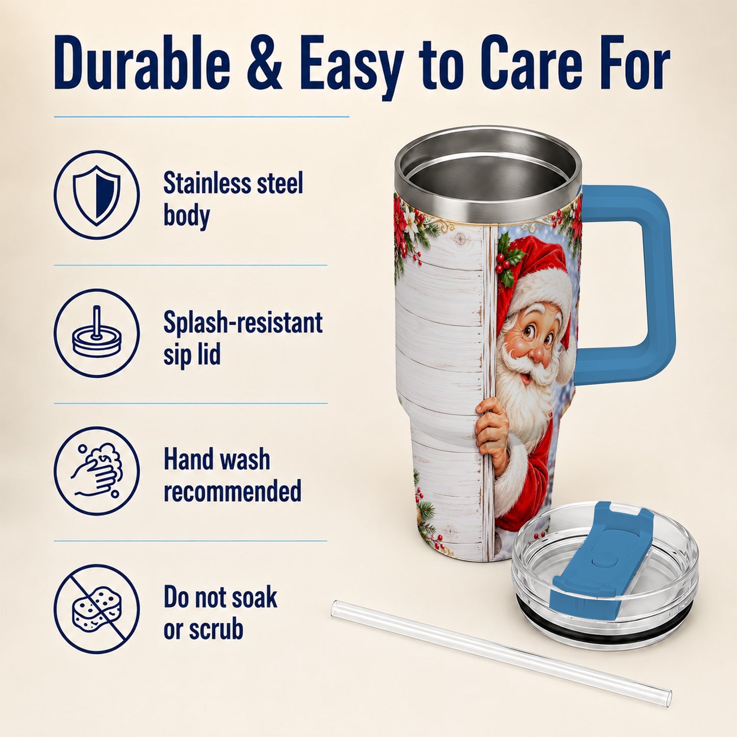 #pl[40oz|Blue] Christmas Santa 40oz Tumbler with Handle, Holiday Travel Cup