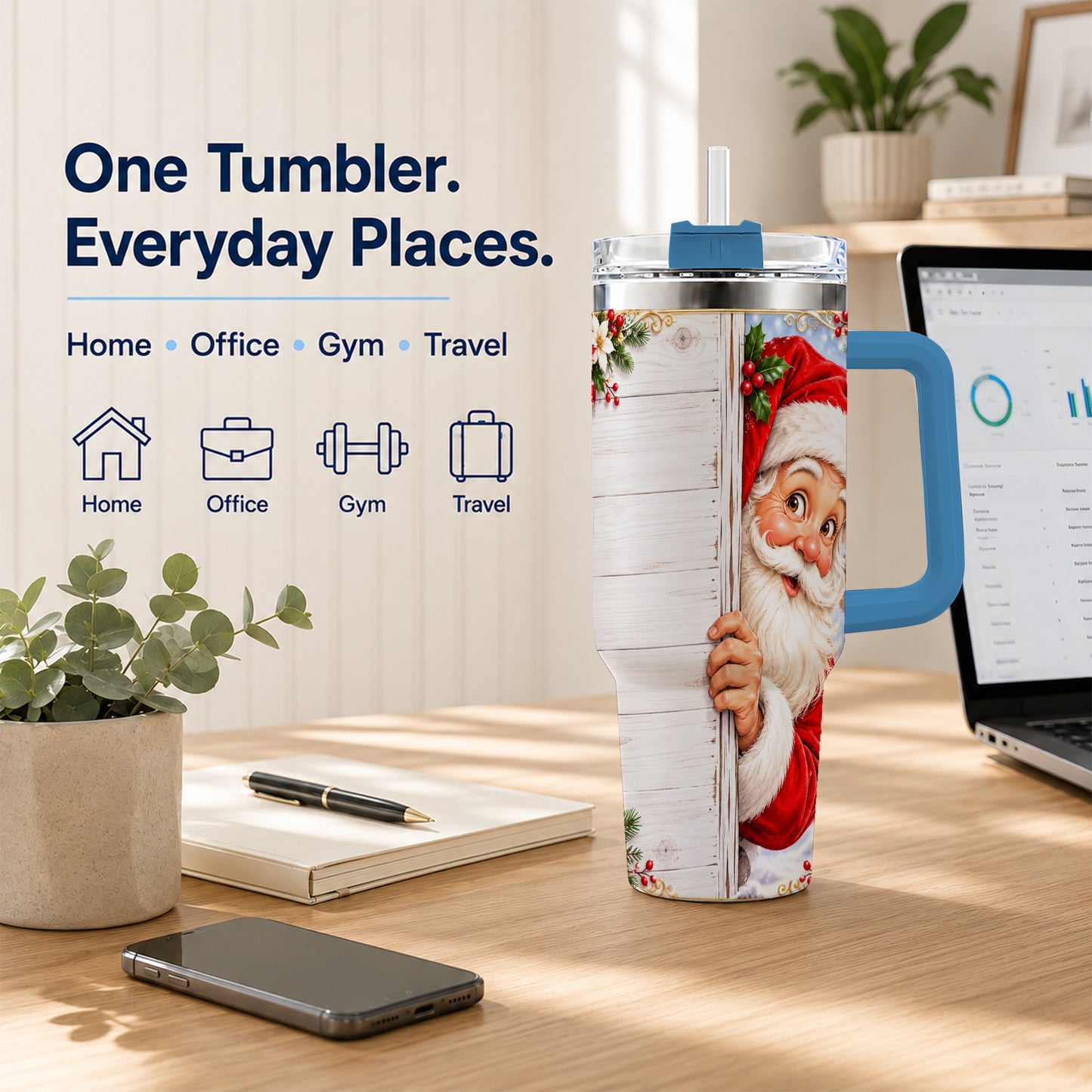 #pl[40oz|Blue] Christmas Santa 40oz Tumbler with Handle, Holiday Travel Cup