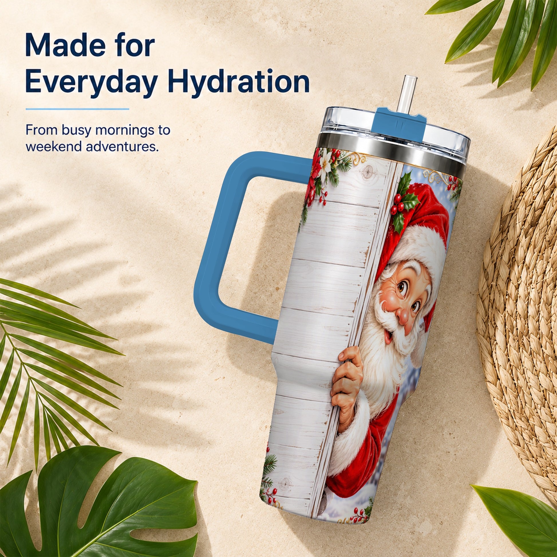 #pl[40oz|Blue] Christmas Santa 40oz Tumbler with Handle, Holiday Travel Cup
