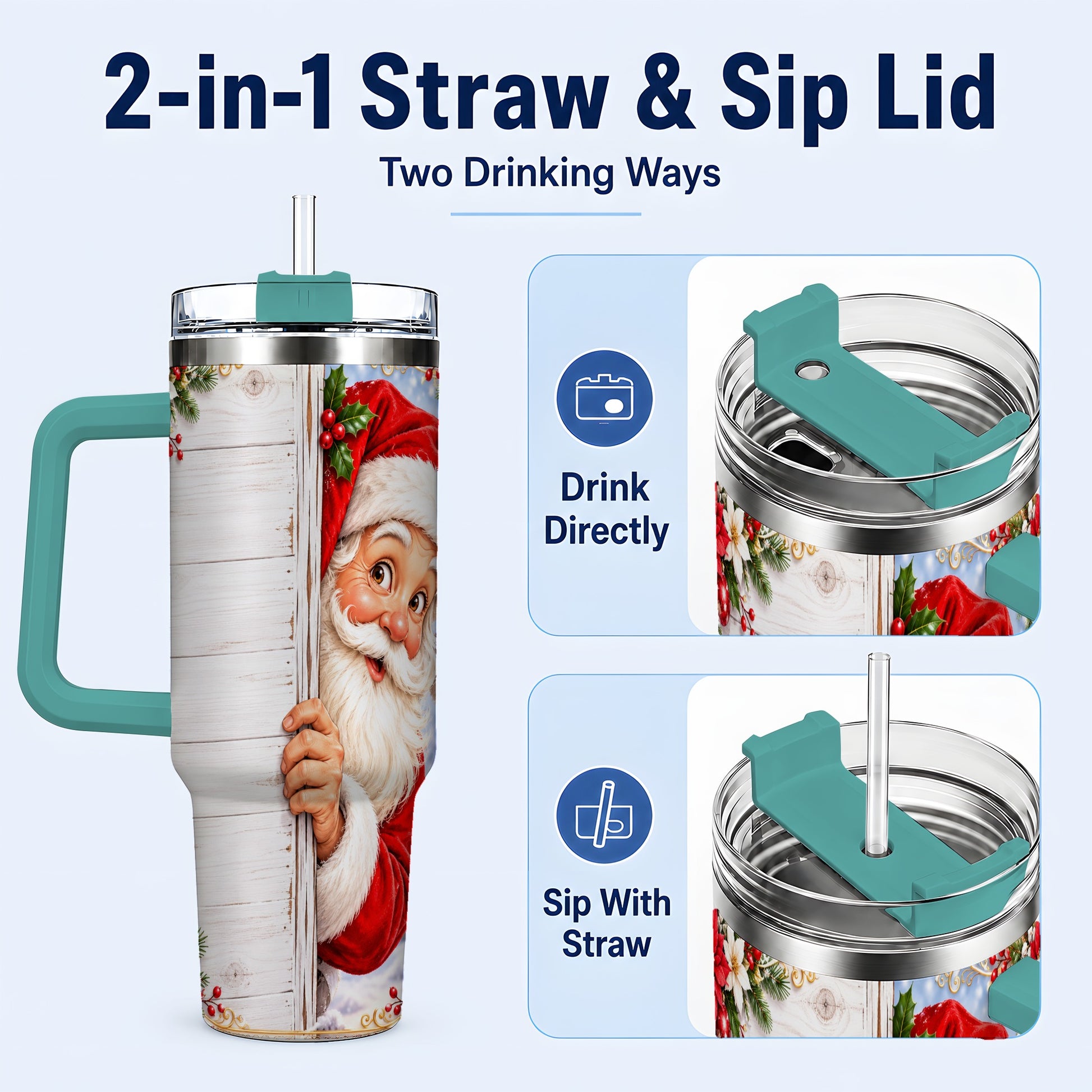 #pl[40oz|Green] Christmas Santa 40oz Tumbler with Handle, Holiday Travel Cup