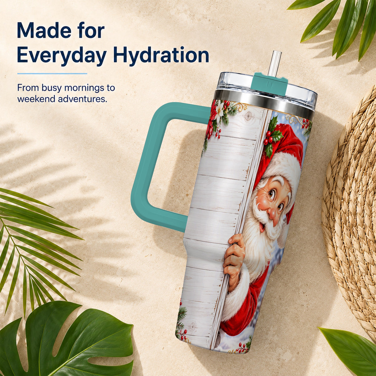 #pl[40oz|Green] Christmas Santa 40oz Tumbler with Handle, Holiday Travel Cup