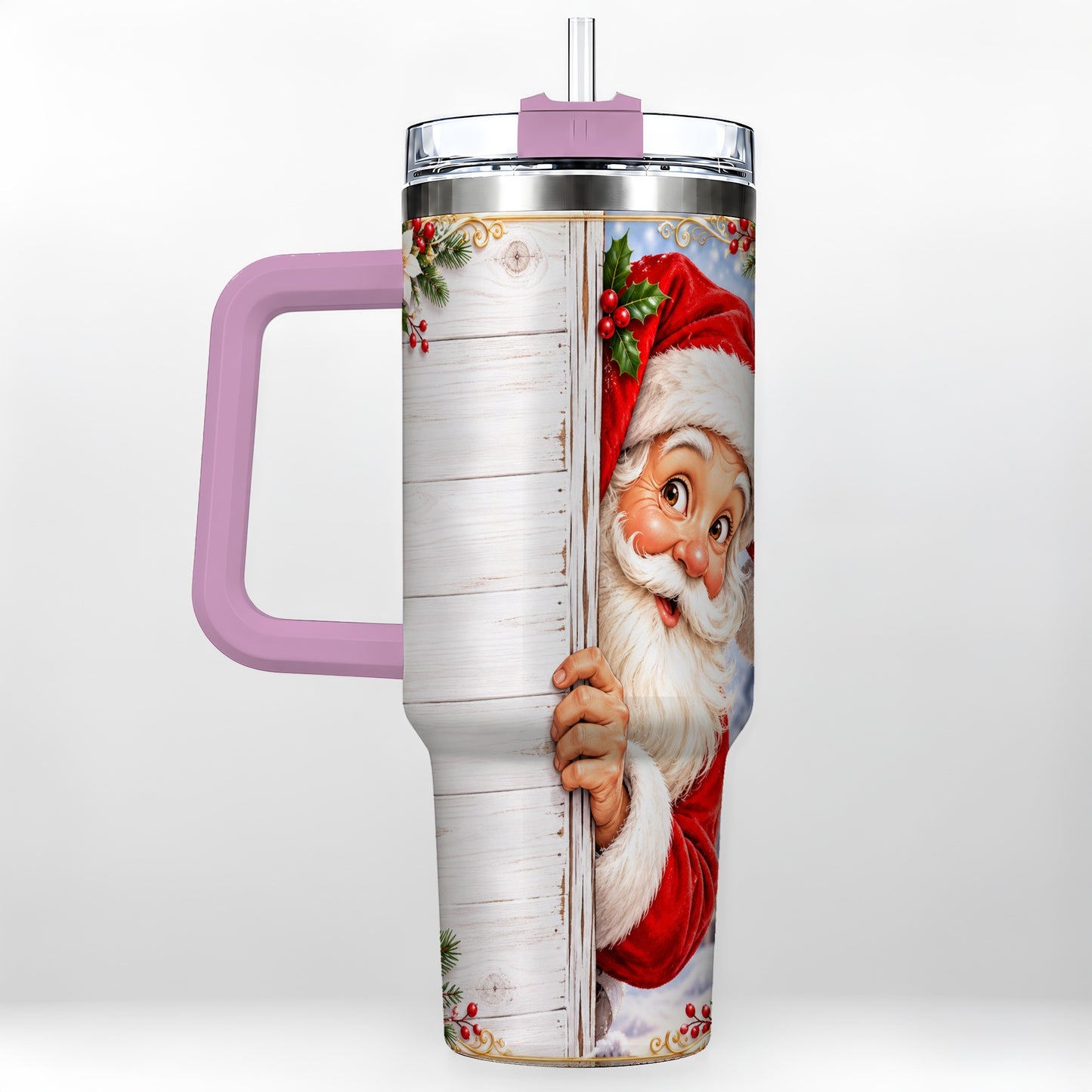 #pl[40oz|Pink] Christmas Santa 40oz Tumbler with Handle, Holiday Travel Cup