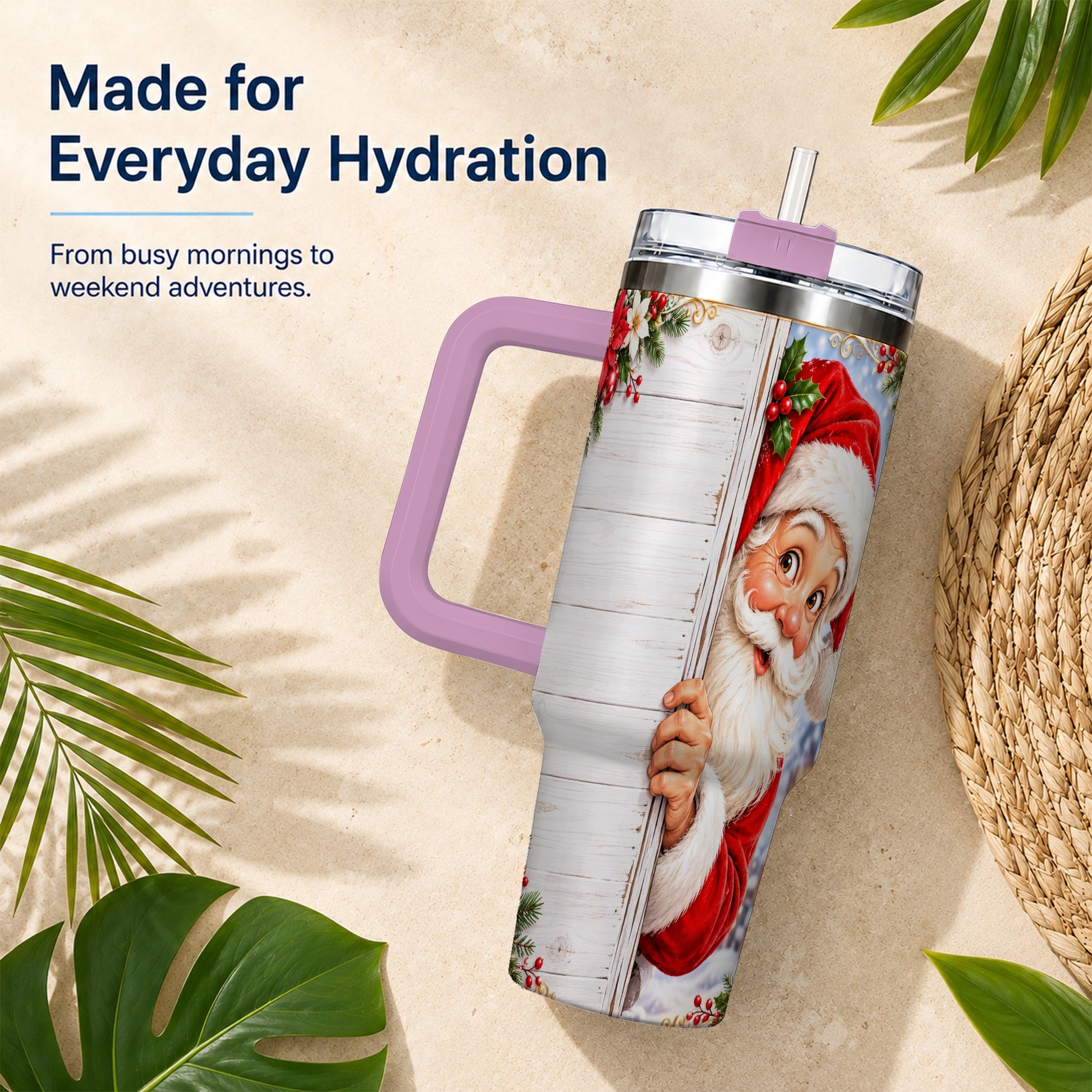 #pl[40oz|Pink] Christmas Santa 40oz Tumbler with Handle, Holiday Travel Cup