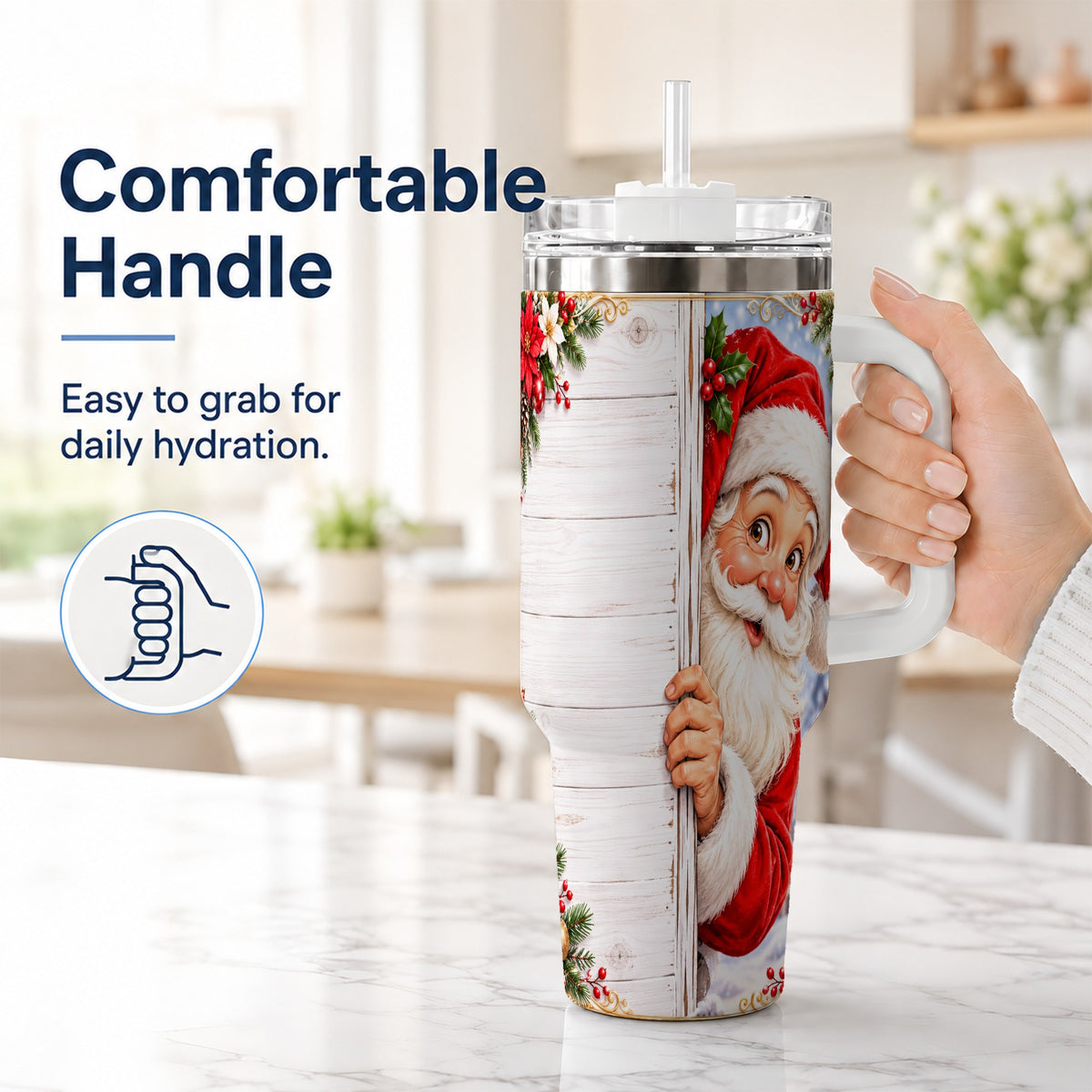 #pl[40oz|White] Christmas Santa 40oz Tumbler with Handle, Holiday Travel Cup