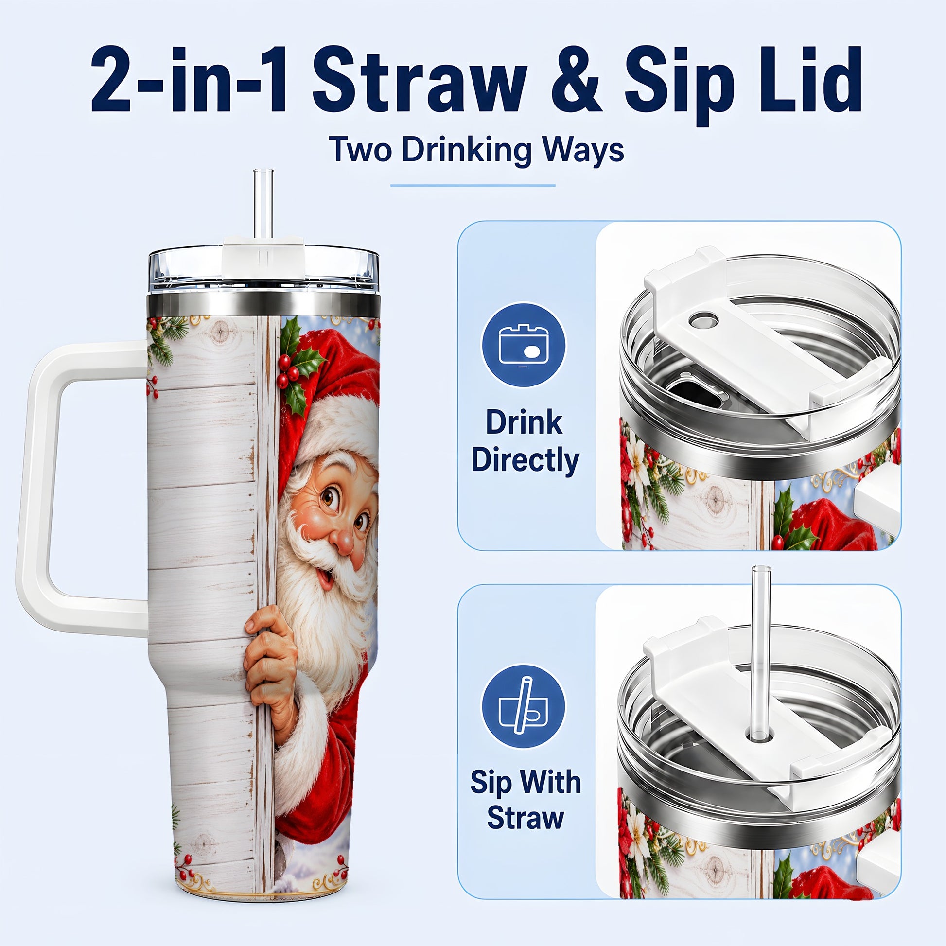 #pl[40oz|White] Christmas Santa 40oz Tumbler with Handle, Holiday Travel Cup