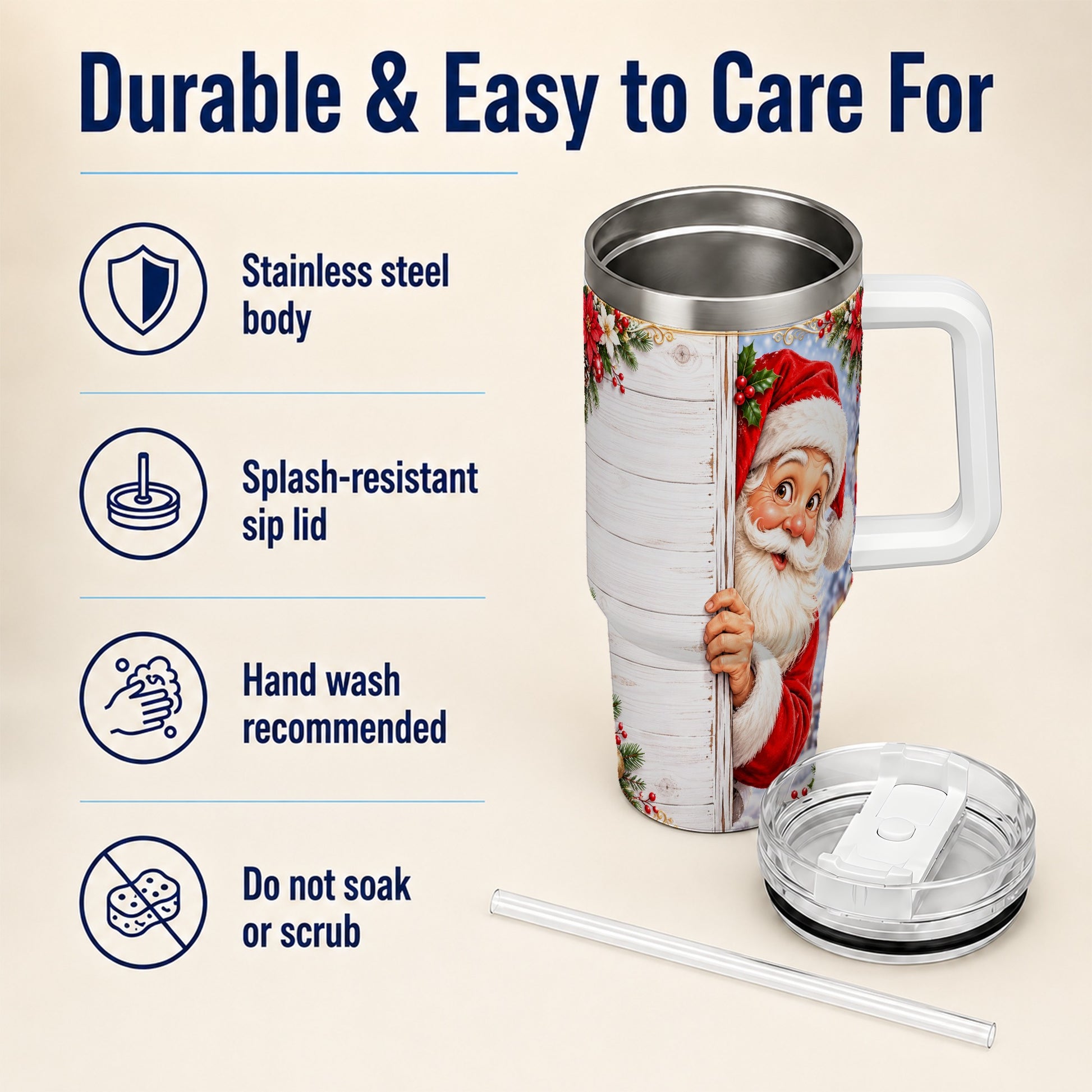 #pl[40oz|White] Christmas Santa 40oz Tumbler with Handle, Holiday Travel Cup