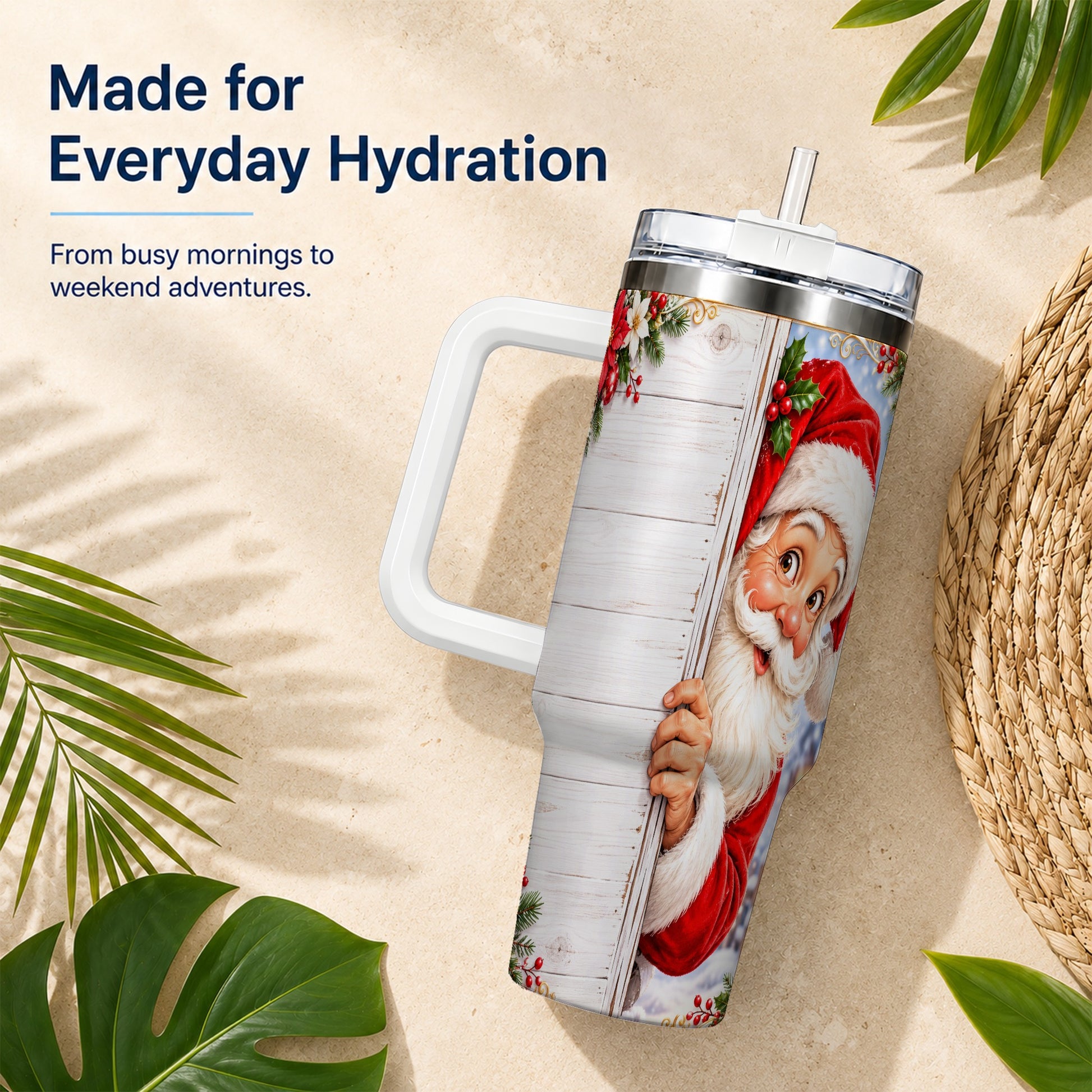#pl[40oz|White] Christmas Santa 40oz Tumbler with Handle, Holiday Travel Cup