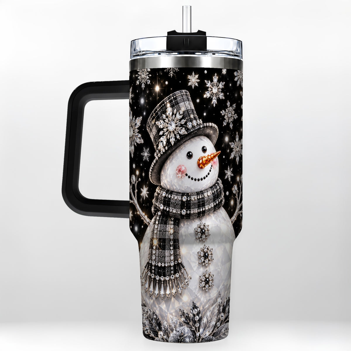 #pl[40oz|Black] Crystal Snowman 40oz Tumbler with Handle, Winter Stainless Steel Travel Cup