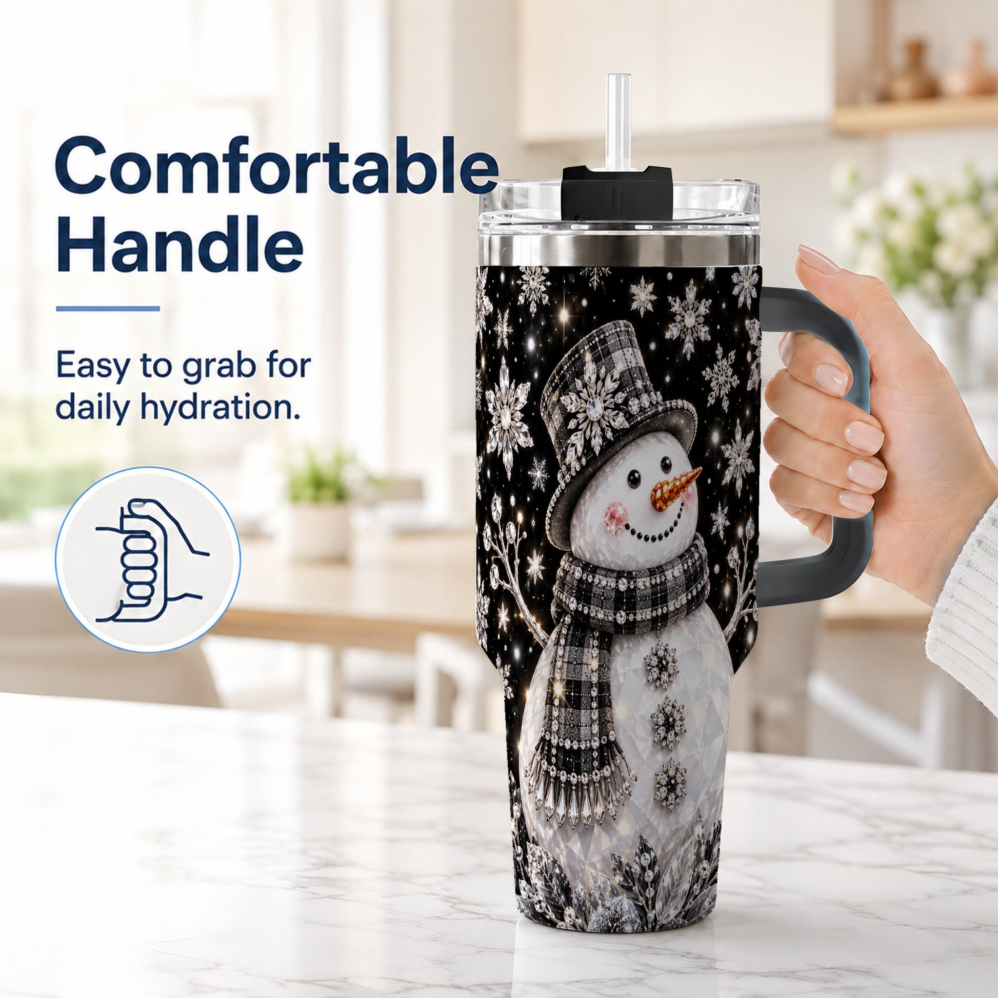 #pl[40oz|Black] Crystal Snowman 40oz Tumbler with Handle, Winter Stainless Steel Travel Cup