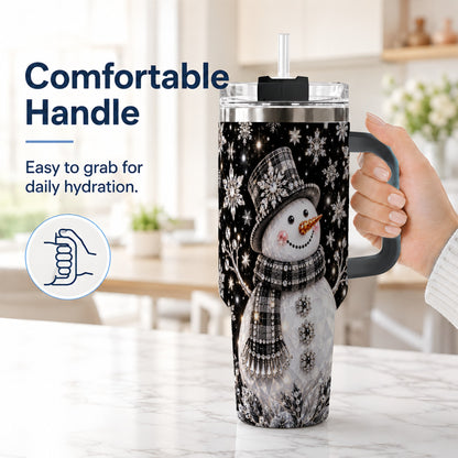 #pl[40oz|Black] Crystal Snowman 40oz Tumbler with Handle, Winter Stainless Steel Travel Cup