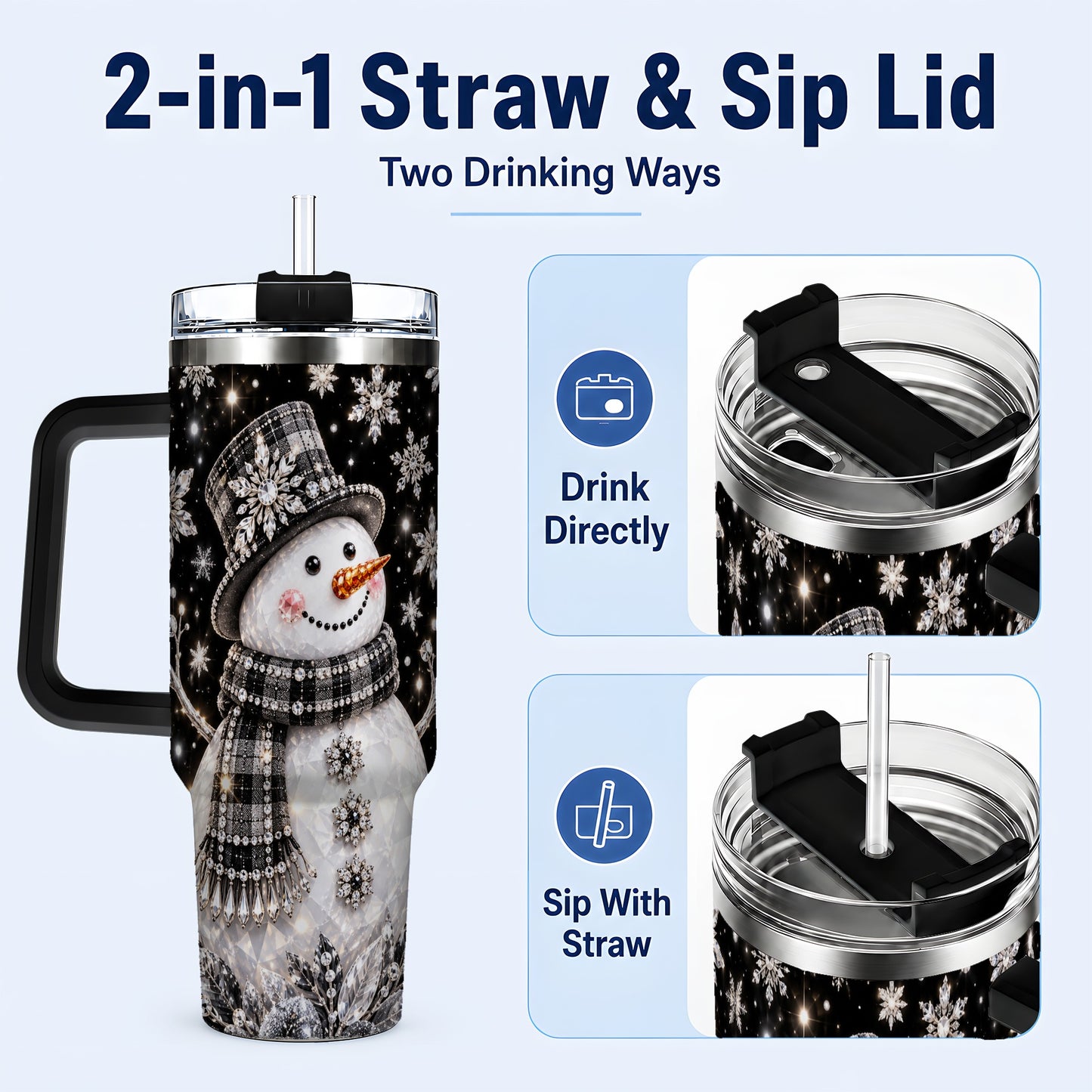 #pl[40oz|Black] Crystal Snowman 40oz Tumbler with Handle, Winter Stainless Steel Travel Cup