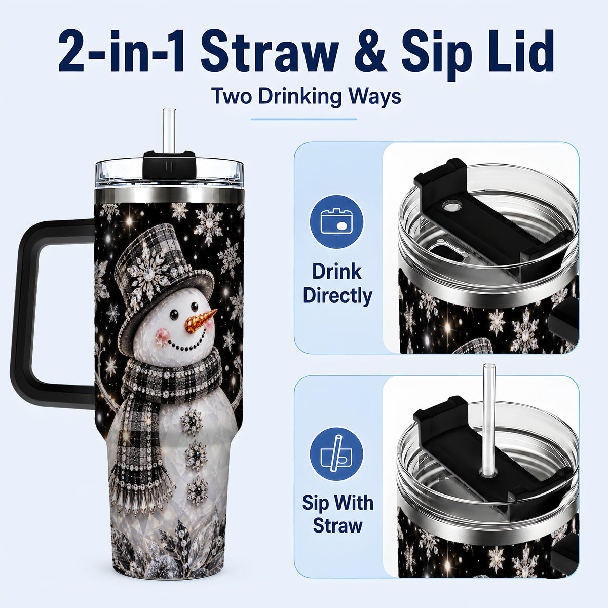 #pl[40oz|Black] Crystal Snowman 40oz Tumbler with Handle, Winter Stainless Steel Travel Cup