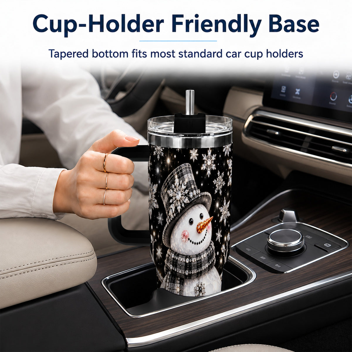 #pl[40oz|Black] Crystal Snowman 40oz Tumbler with Handle, Winter Stainless Steel Travel Cup