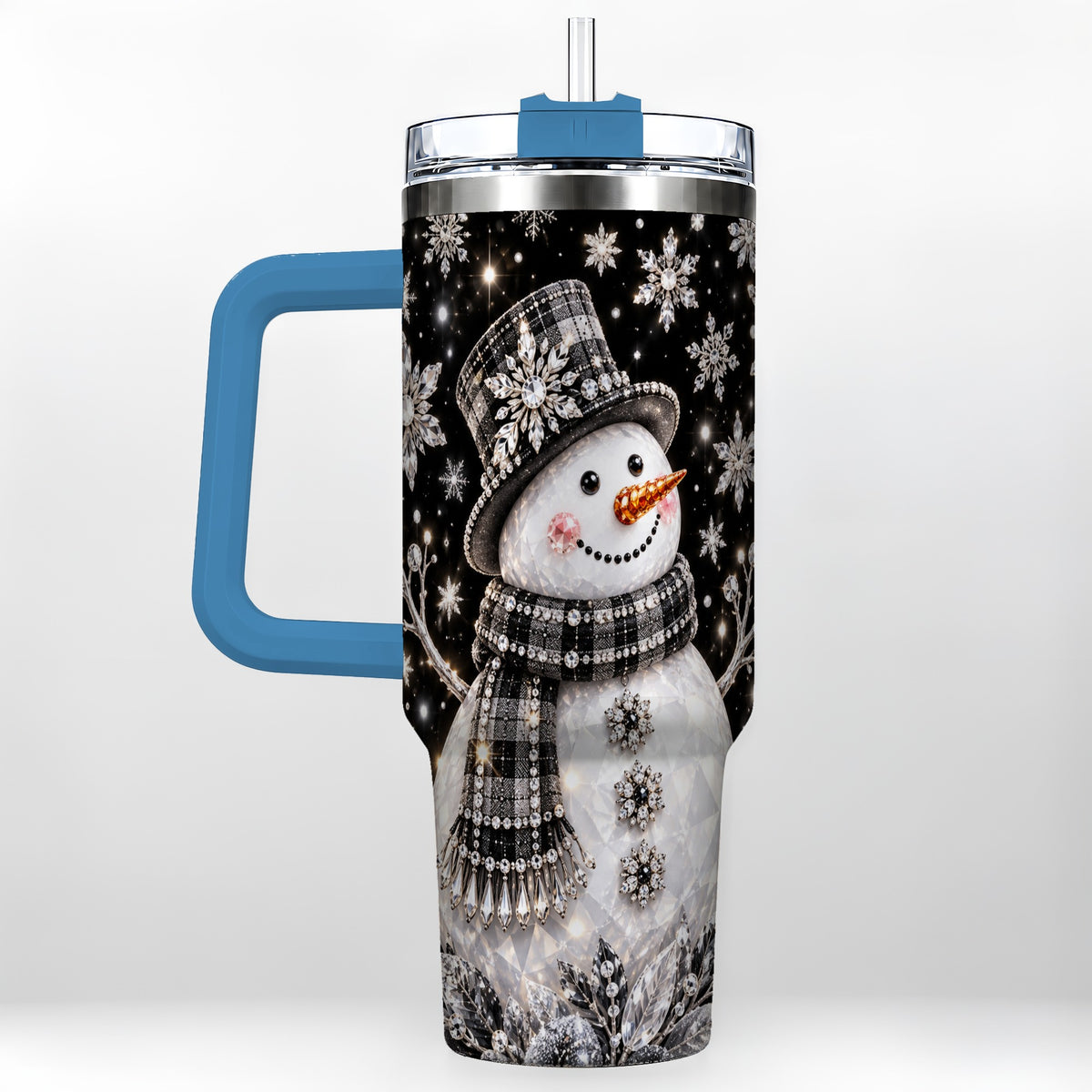 #pl[40oz|Blue] Crystal Snowman 40oz Tumbler with Handle, Winter Stainless Steel Travel Cup