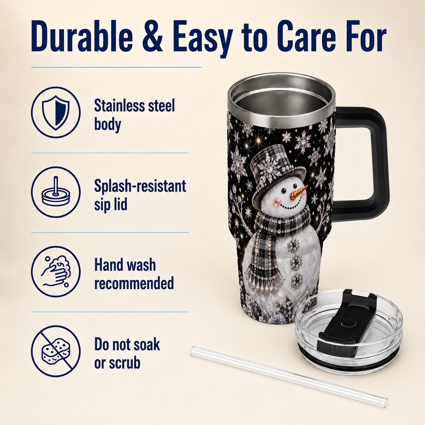 #pl[40oz|Black] Crystal Snowman 40oz Tumbler with Handle, Winter Stainless Steel Travel Cup