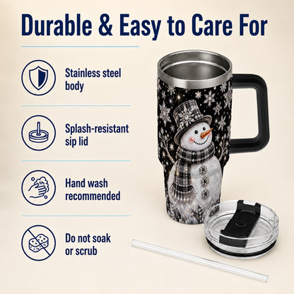#pl[40oz|Black] Crystal Snowman 40oz Tumbler with Handle, Winter Stainless Steel Travel Cup