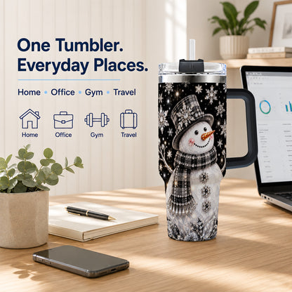 #pl[40oz|Black] Crystal Snowman 40oz Tumbler with Handle, Winter Stainless Steel Travel Cup