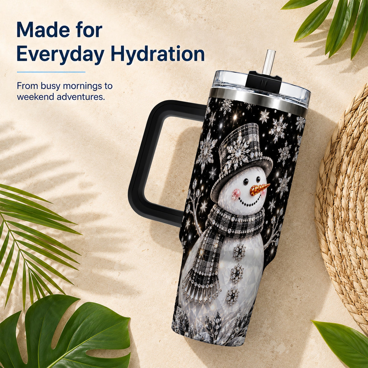#pl[40oz|Black] Crystal Snowman 40oz Tumbler with Handle, Winter Stainless Steel Travel Cup