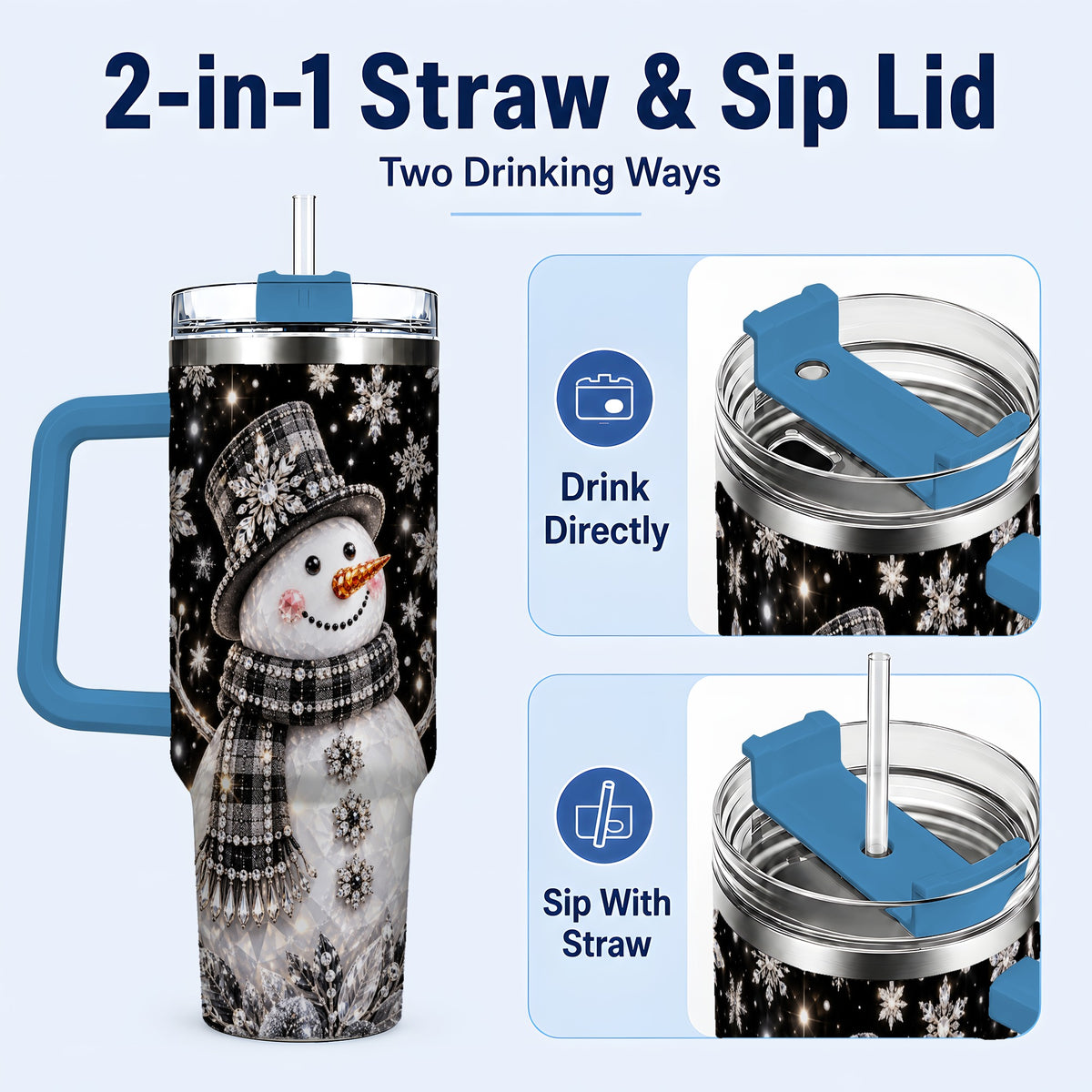 #pl[40oz|Blue] Crystal Snowman 40oz Tumbler with Handle, Winter Stainless Steel Travel Cup