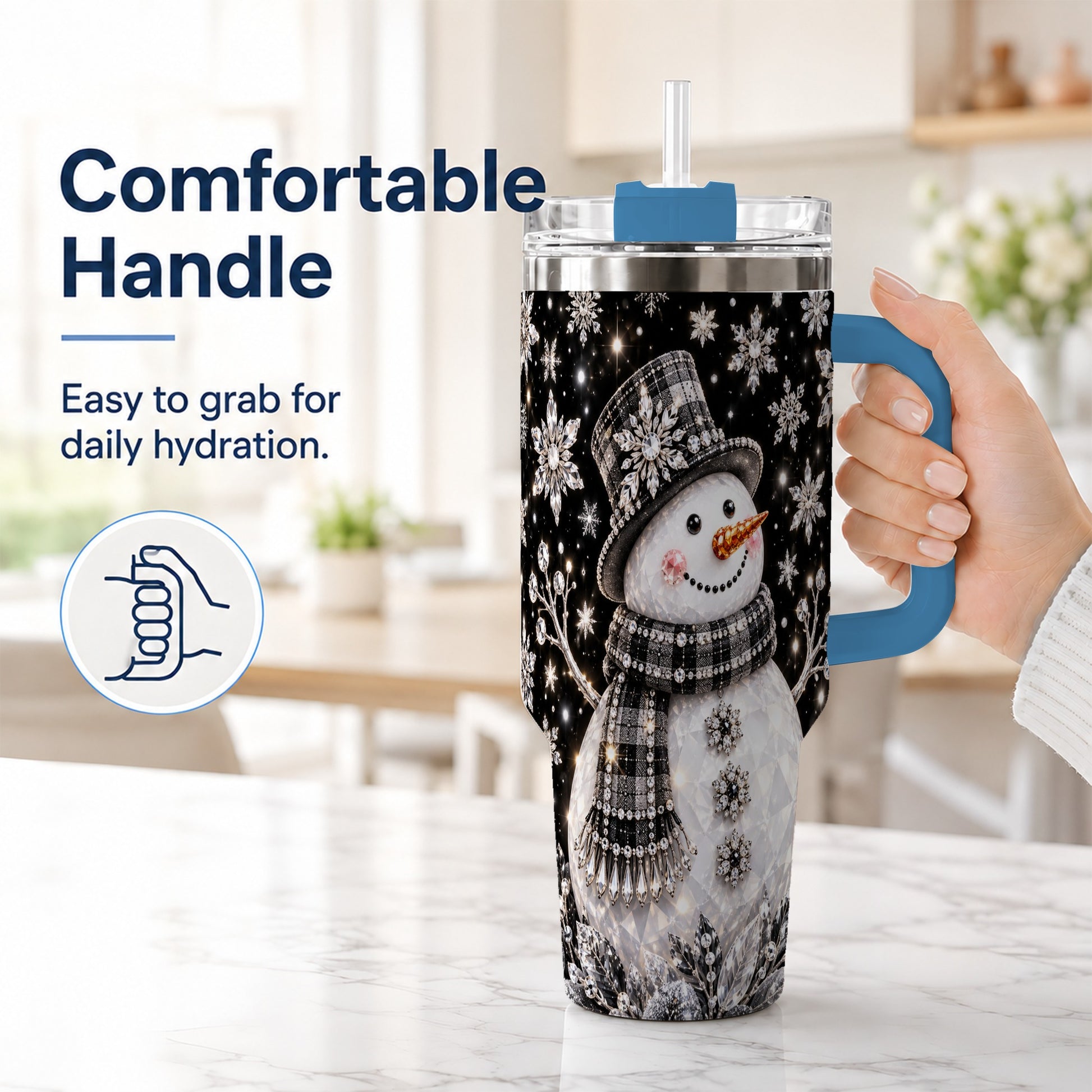 #pl[40oz|Blue] Crystal Snowman 40oz Tumbler with Handle, Winter Stainless Steel Travel Cup