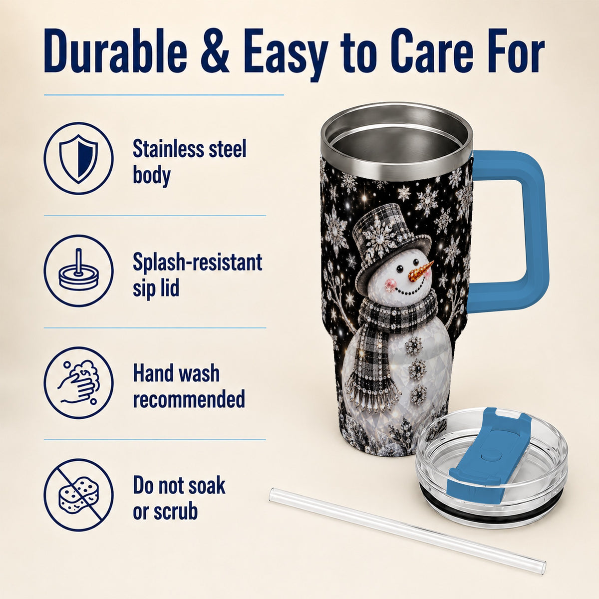 #pl[40oz|Blue] Crystal Snowman 40oz Tumbler with Handle, Winter Stainless Steel Travel Cup