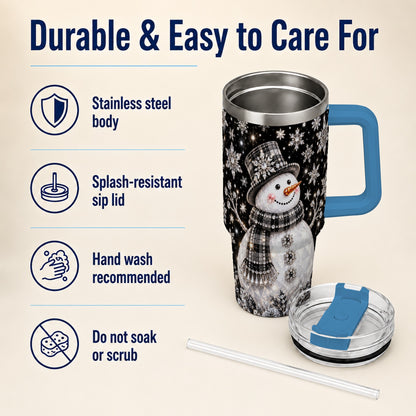 #pl[40oz|Blue] Crystal Snowman 40oz Tumbler with Handle, Winter Stainless Steel Travel Cup