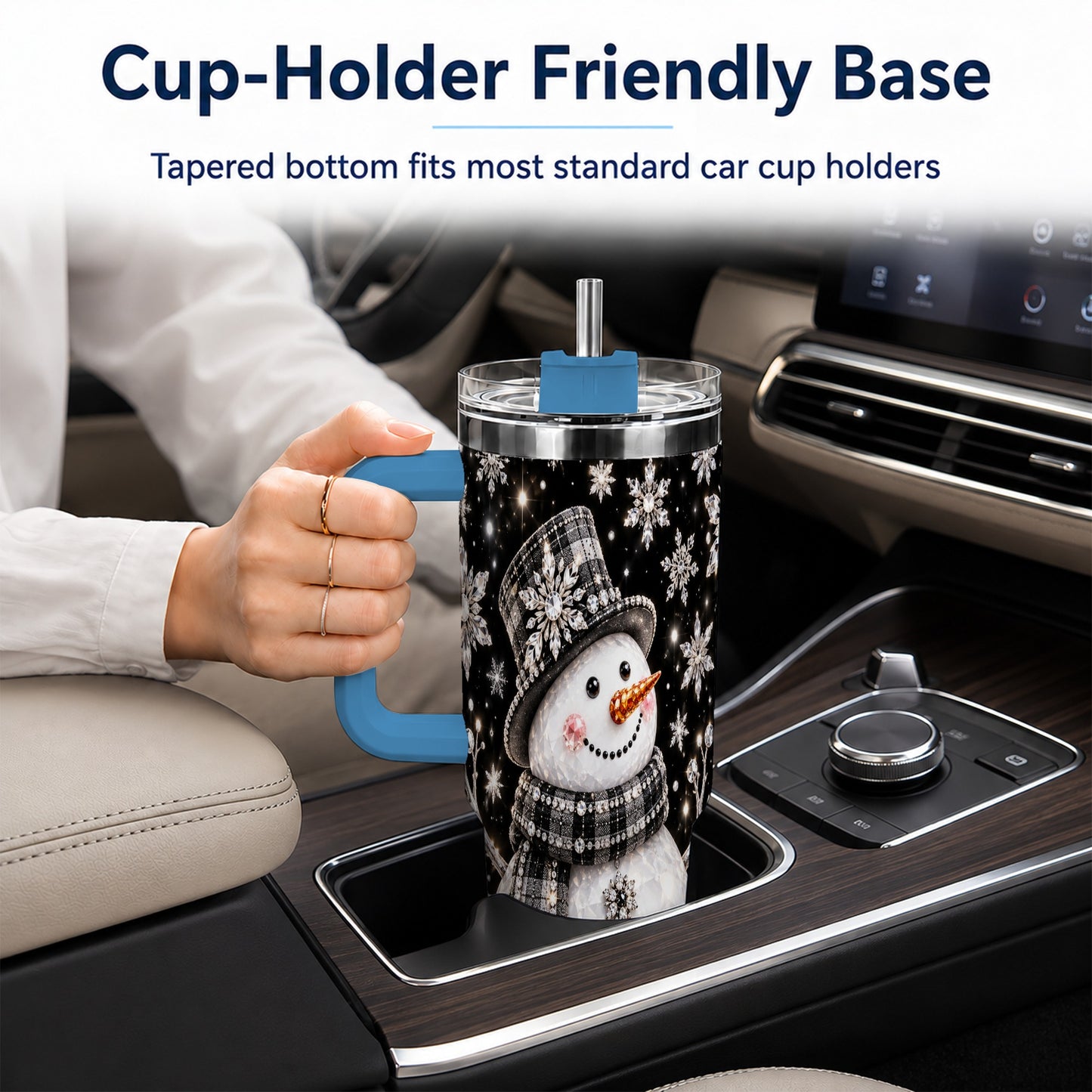 #pl[40oz|Blue] Crystal Snowman 40oz Tumbler with Handle, Winter Stainless Steel Travel Cup