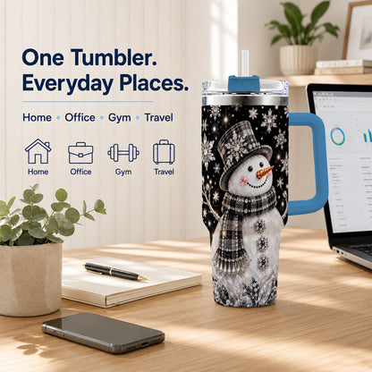 #pl[40oz|Blue] Crystal Snowman 40oz Tumbler with Handle, Winter Stainless Steel Travel Cup