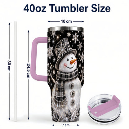 #pl[40oz|Pink] Crystal Snowman 40oz Tumbler with Handle, Winter Stainless Steel Travel Cup