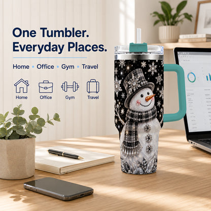 #pl[40oz|Green] Crystal Snowman 40oz Tumbler with Handle, Winter Stainless Steel Travel Cup