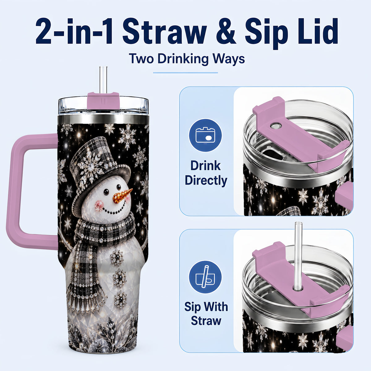 #pl[40oz|Pink] Crystal Snowman 40oz Tumbler with Handle, Winter Stainless Steel Travel Cup