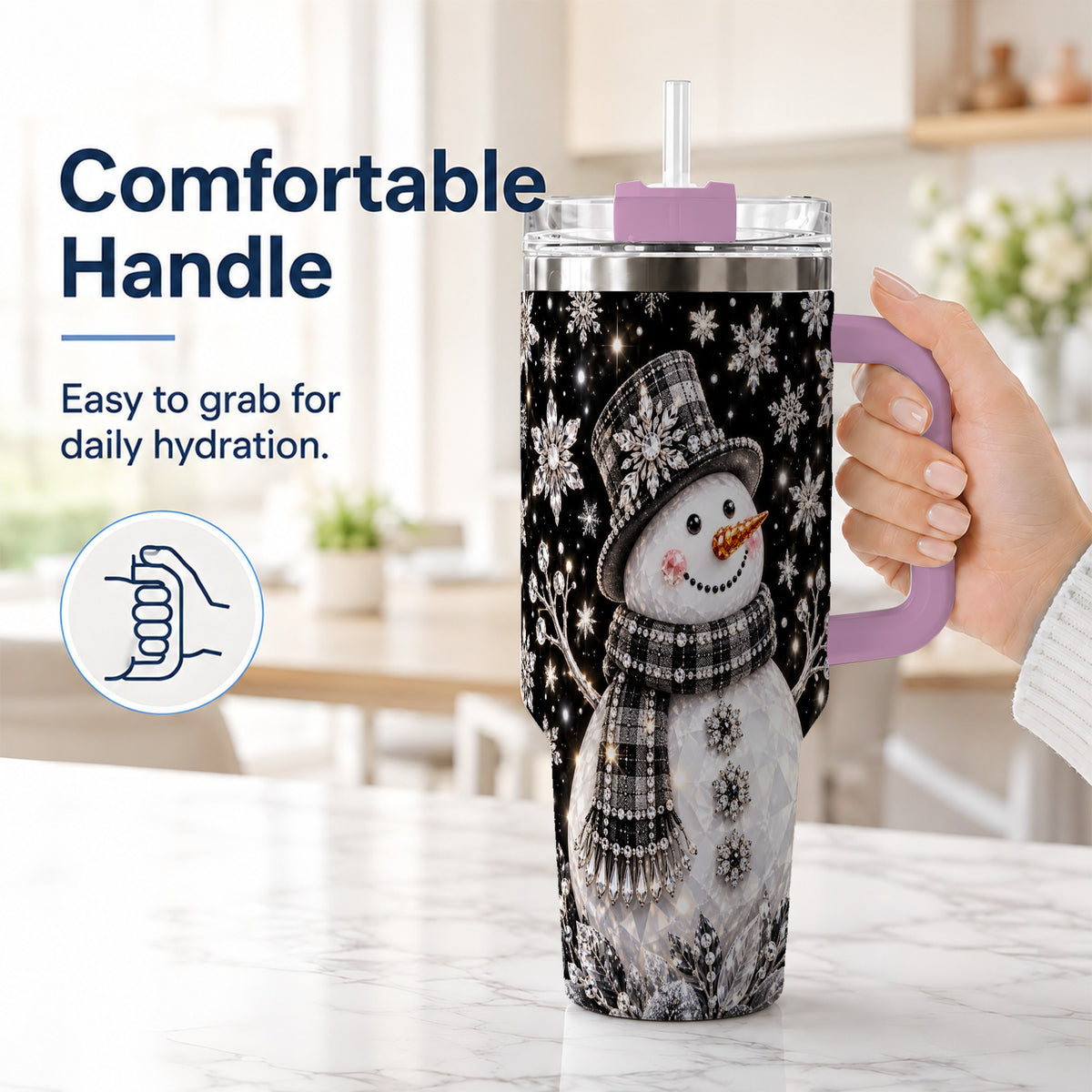 #pl[40oz|Pink] Crystal Snowman 40oz Tumbler with Handle, Winter Stainless Steel Travel Cup