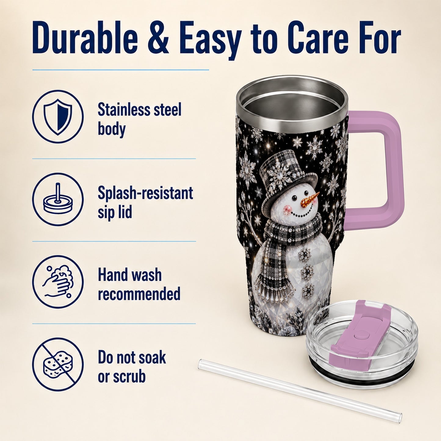 #pl[40oz|Pink] Crystal Snowman 40oz Tumbler with Handle, Winter Stainless Steel Travel Cup