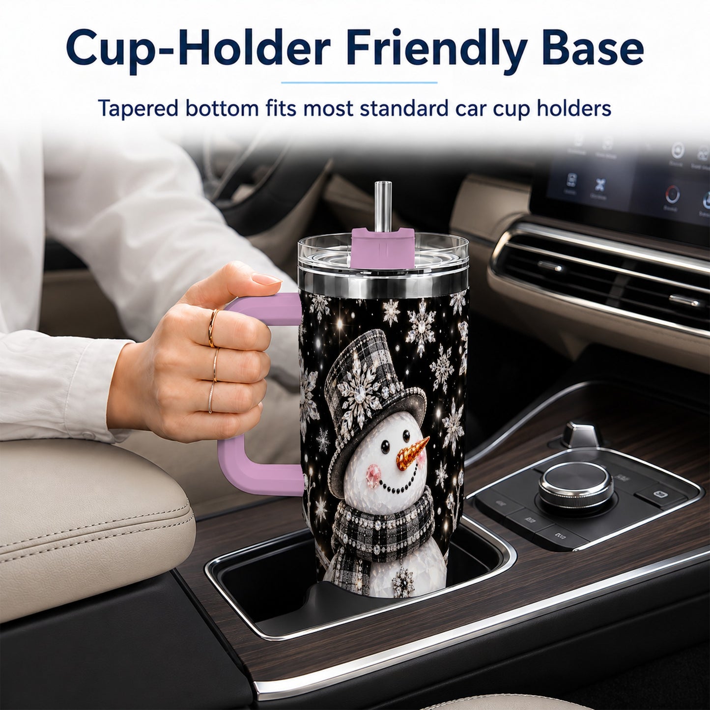 #pl[40oz|Pink] Crystal Snowman 40oz Tumbler with Handle, Winter Stainless Steel Travel Cup