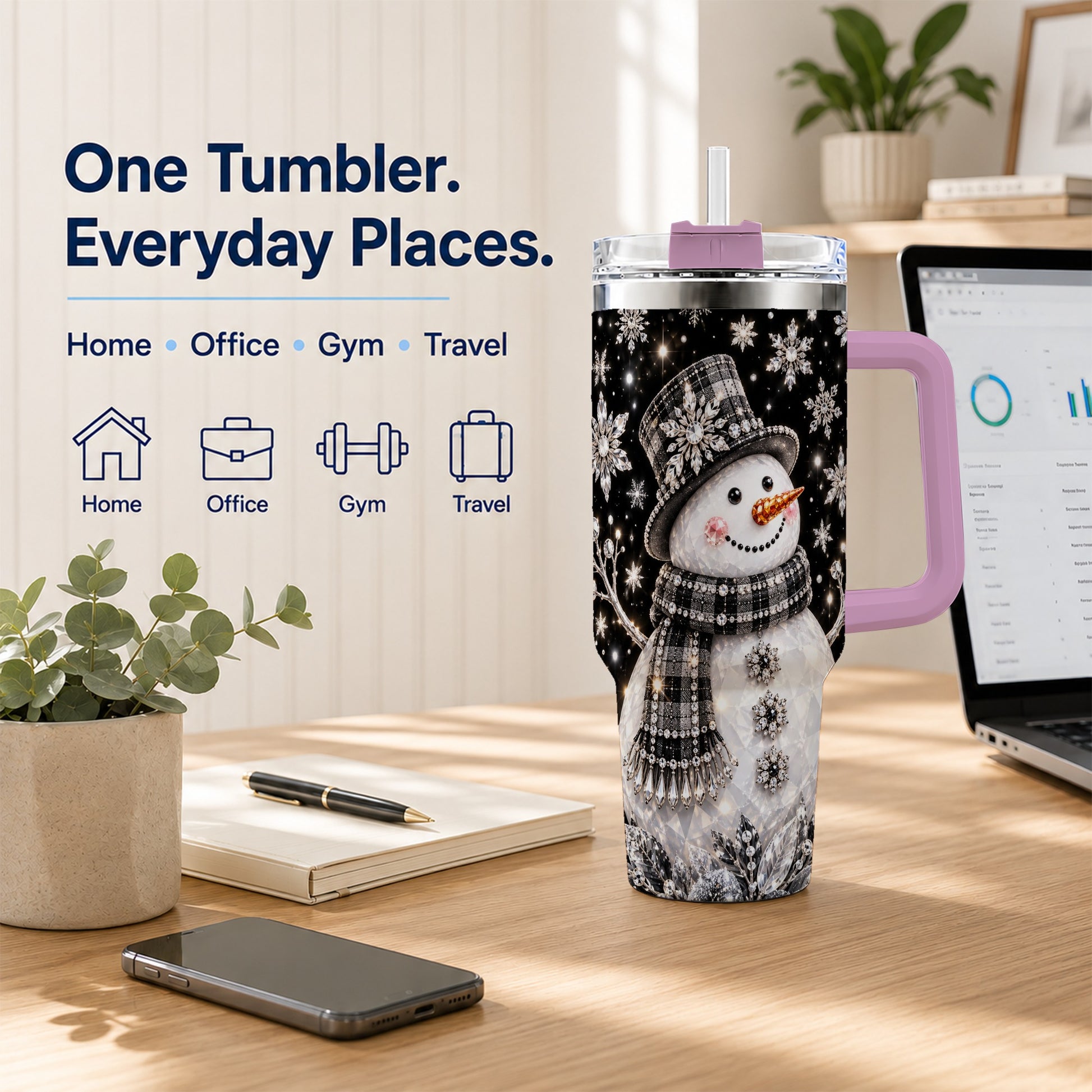 #pl[40oz|Pink] Crystal Snowman 40oz Tumbler with Handle, Winter Stainless Steel Travel Cup