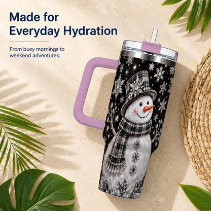 #pl[40oz|Pink] Crystal Snowman 40oz Tumbler with Handle, Winter Stainless Steel Travel Cup
