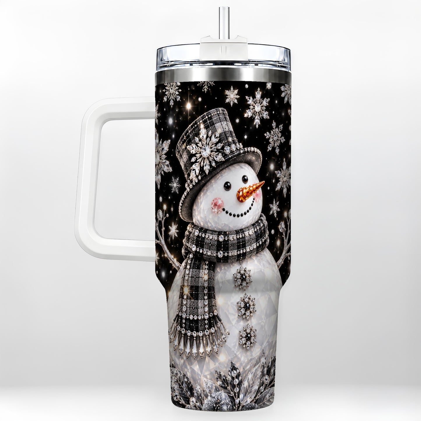 Crystal Snowman 40oz Tumbler with Handle, Winter Stainless Steel Travel Cup