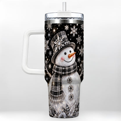 Crystal Snowman 40oz Tumbler with Handle, Winter Stainless Steel Travel Cup