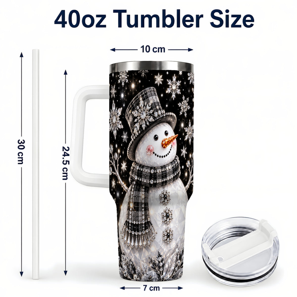 #pl[40oz|White] Crystal Snowman 40oz Tumbler with Handle, Winter Stainless Steel Travel Cup