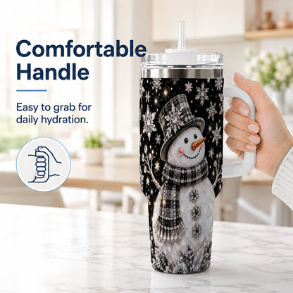 #pl[40oz|White] Crystal Snowman 40oz Tumbler with Handle, Winter Stainless Steel Travel Cup