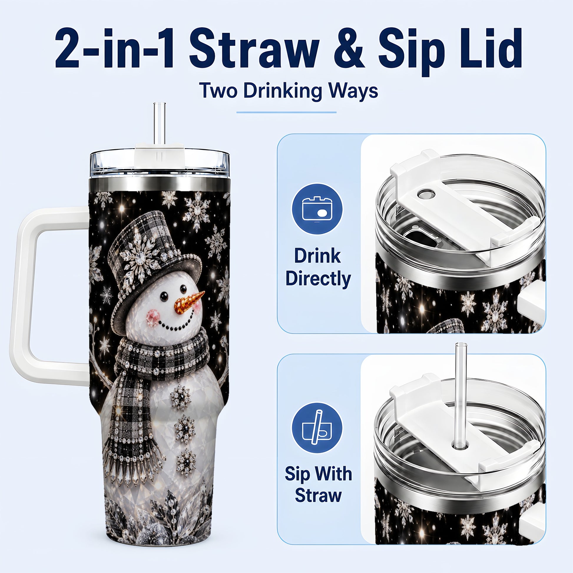 #pl[40oz|White] Crystal Snowman 40oz Tumbler with Handle, Winter Stainless Steel Travel Cup