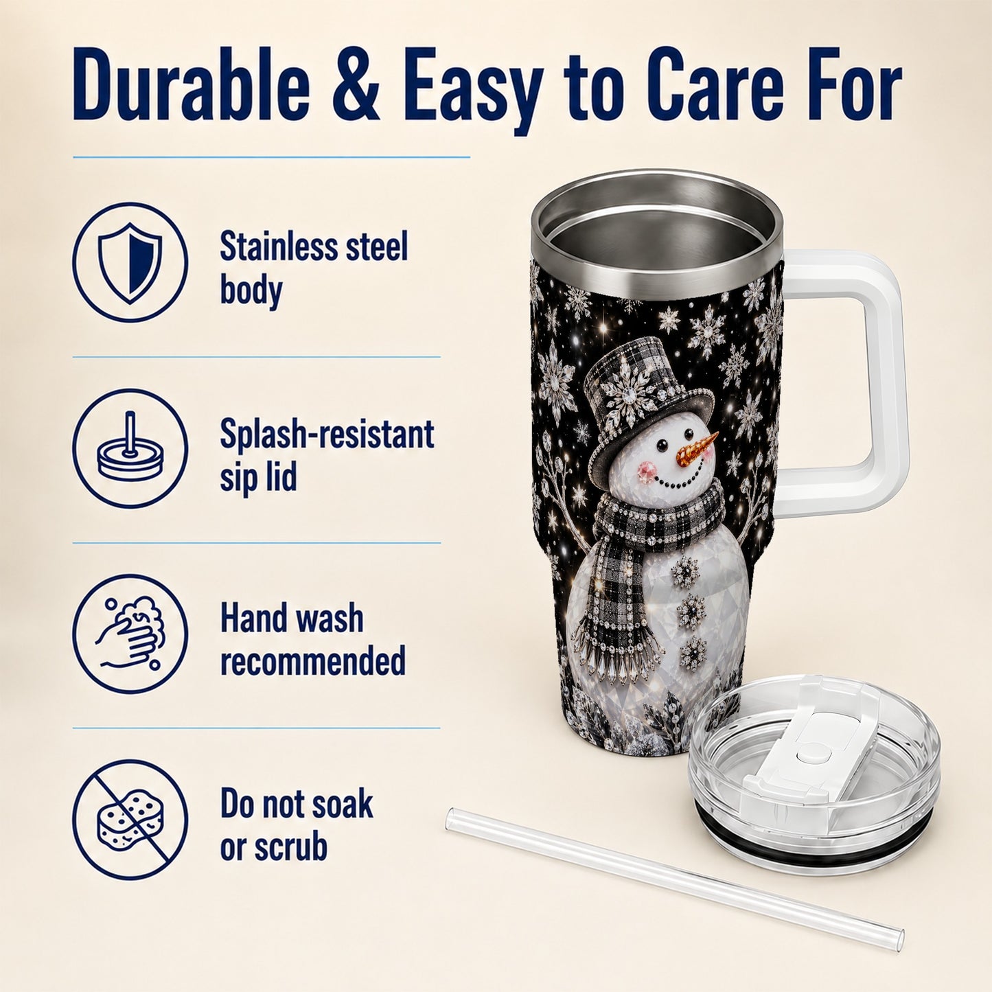 #pl[40oz|White] Crystal Snowman 40oz Tumbler with Handle, Winter Stainless Steel Travel Cup