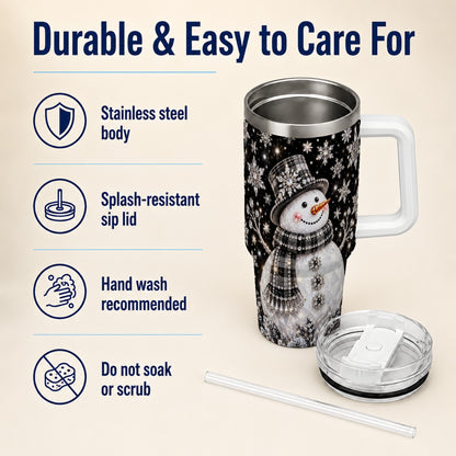 #pl[40oz|White] Crystal Snowman 40oz Tumbler with Handle, Winter Stainless Steel Travel Cup