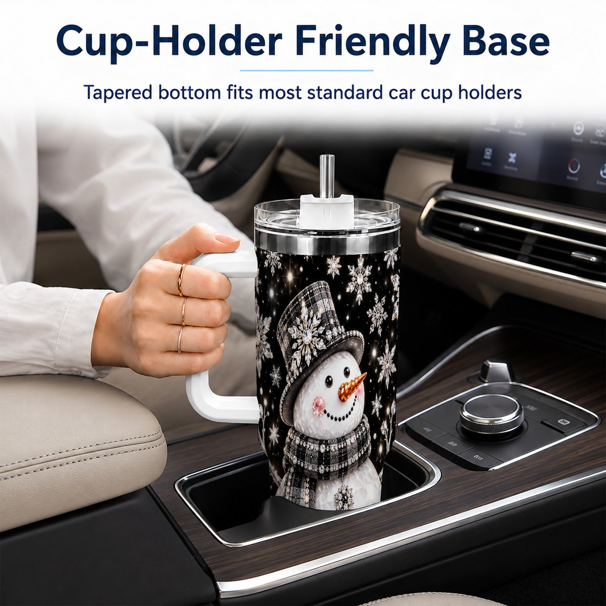 #pl[40oz|White] Crystal Snowman 40oz Tumbler with Handle, Winter Stainless Steel Travel Cup