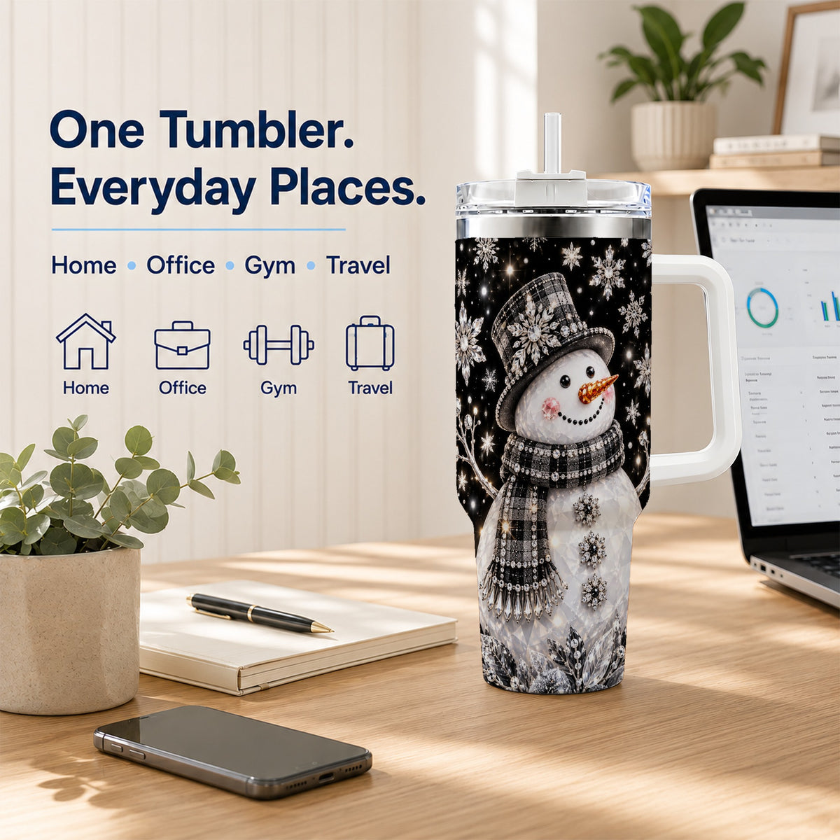 #pl[40oz|White] Crystal Snowman 40oz Tumbler with Handle, Winter Stainless Steel Travel Cup